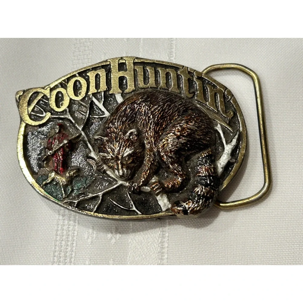 Vintage Coon Hunting Raccoon Belt Buckle Brass The Great American Buckle Co USA
